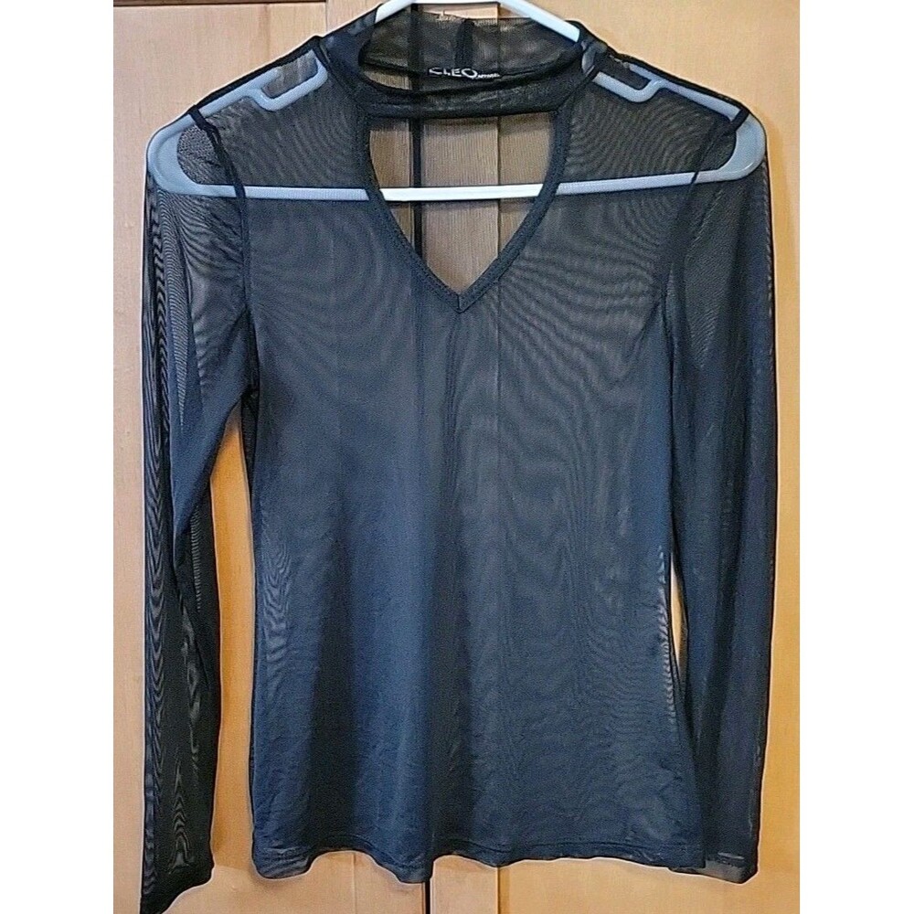Cleo Apparel Women's Top Blouse Long Sleeve Stretchy Black Mesh S* Read***